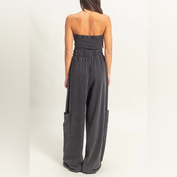NWT Washed Cotton Tube Top Strapless Drawstring Cargo Pocket Wide Leg Jumpsuit - Picture 4 of 6